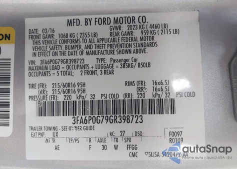 2016 Ford Fusion S from USA, damaged, VIN 3FA6P0G79GR398723